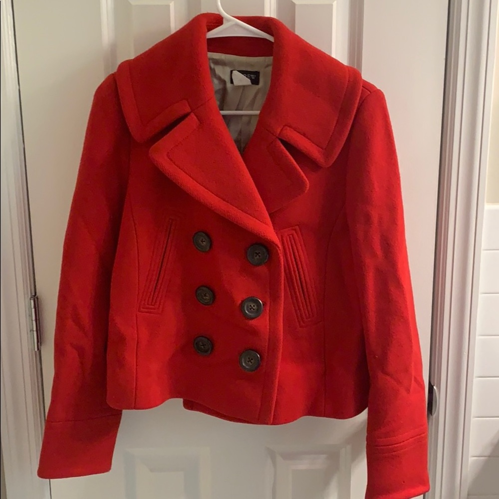 Red J Crew short pea coat